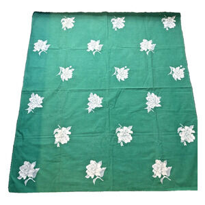 Vintage WILENDURE Print Tablecloth FLORAL Green White Roses 53x48 Square Cottage